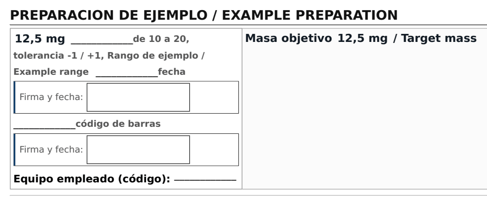 Una operación del cuaderno de ejemplo: su título, la masa objetivo de 12,5 mg con sus límites, el hueco para escribir lo pesado, el de la fecha, el código de barras, los recuadros de firma y fecha y la línea del equipo empleado